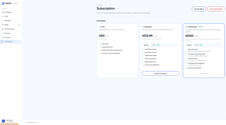 The subscription page: Free, Standard and Commercial side by side with the Monthly / Annual toggle