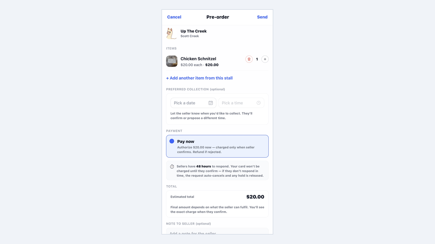 The SideStall pre-order screen a buyer sees, with the items, a preferred collection time, and a Pay now option that authorises the amount and charges only when the seller confirms.