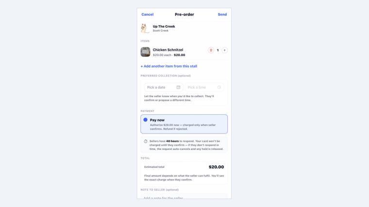 The SideStall pre-order screen a buyer sees, with the items, a preferred collection time, and a Pay now option that authorises the amount and charges only when the seller confirms.