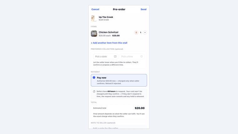 The SideStall pre-order screen a buyer sees, with the items, a preferred collection time, and a Pay now option that authorises the amount and charges only when the seller confirms.