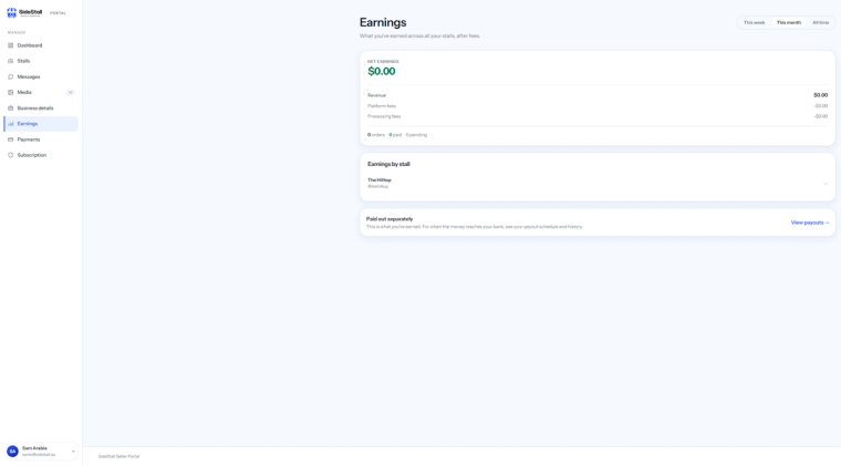 Earnings: net headline, then revenue minus platform fees minus processing fees