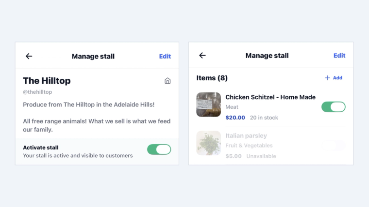 A SideStall Manage stall screen showing the Activate stall toggle switched on next to a product list where one item is available with a stock count and another is marked Unavailable.