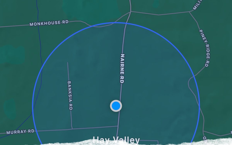Branded app map tile, blue search radius over Hay Valley