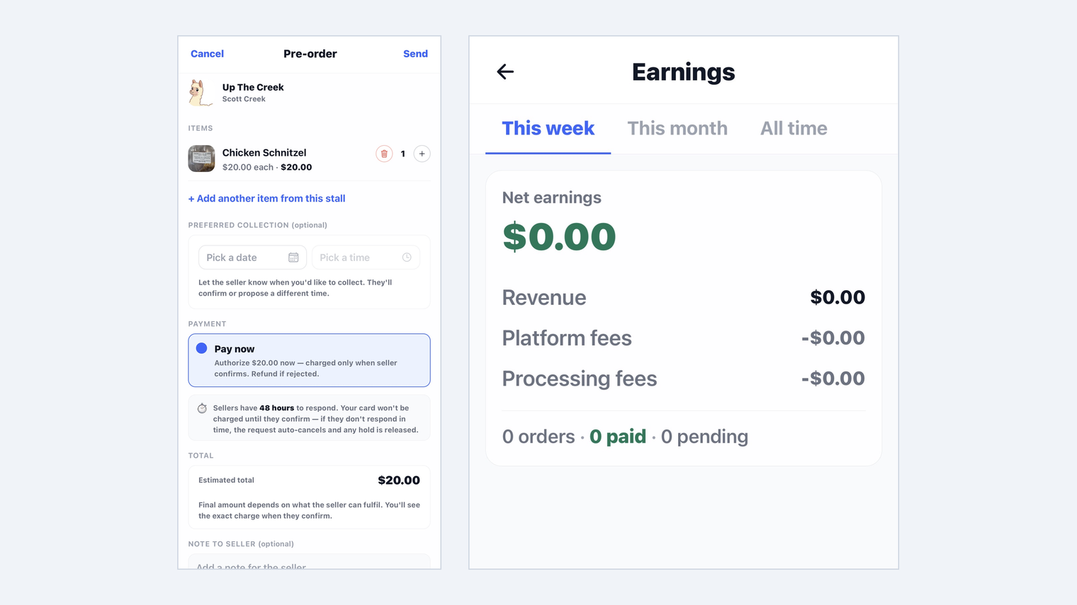 Two phone screens side by side: on the left a buyer paying in the SideStall app, on the right the seller's Earnings screen showing net earnings, revenue, platform fees and processing fees.