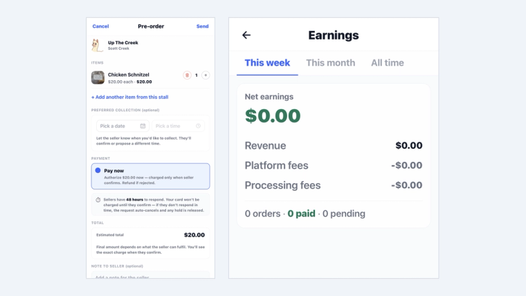 Two phone screens side by side: on the left a buyer paying in the SideStall app, on the right the seller's Earnings screen showing net earnings, revenue, platform fees and processing fees.
