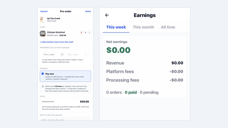 Two phone screens side by side: on the left a buyer paying in the SideStall app, on the right the seller's Earnings screen showing net earnings, revenue, platform fees and processing fees.