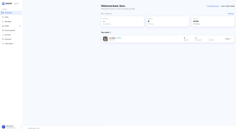 The portal dashboard: THIS MONTH cards and your stalls, each with a Manage button