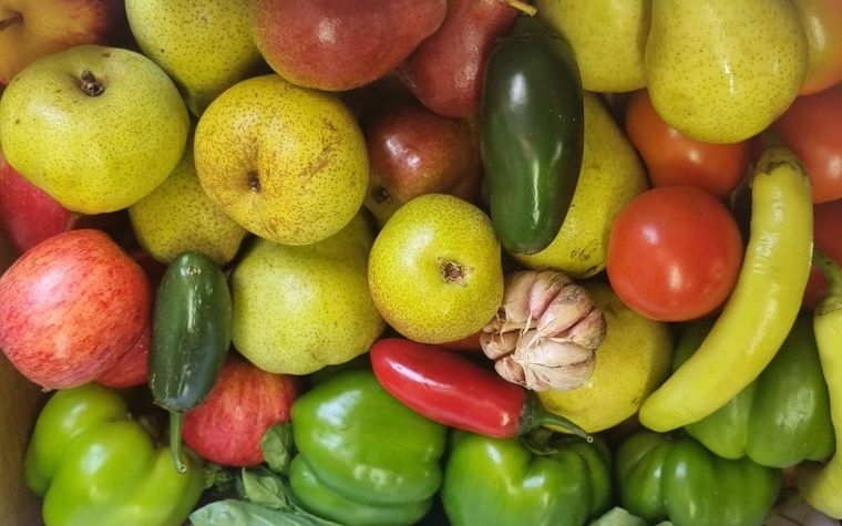 A crate of mixed produce: apples, pears, chillies, capsicums, tomatoes and a bulb of garlic