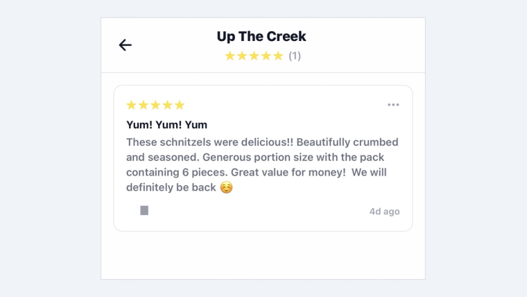 A five-star customer review on a SideStall stall page, with a title and a few lines praising the product.