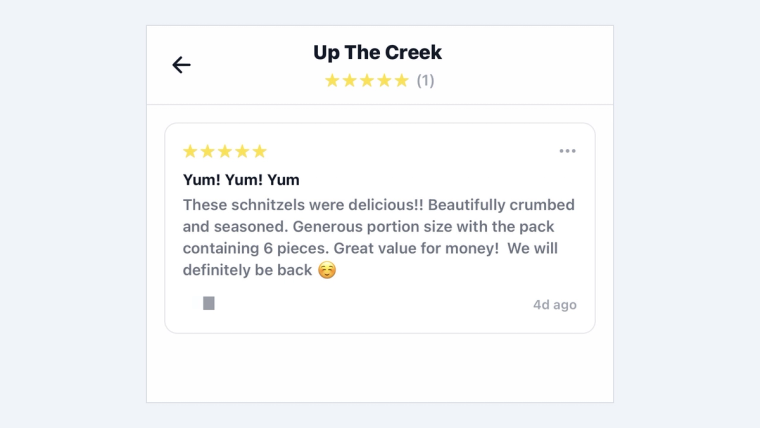 A five-star customer review on a SideStall stall page, with a title and a few lines praising the product.