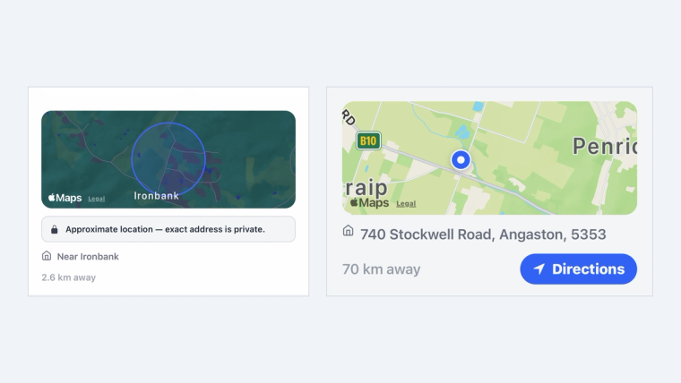 Two SideStall map cards side by side. On the left, a shaded blue circle over a rural area near a suburb, with a lock note saying the location is approximate and the exact address is private. On the right, an exact map pin on a full street address with a Directions button.