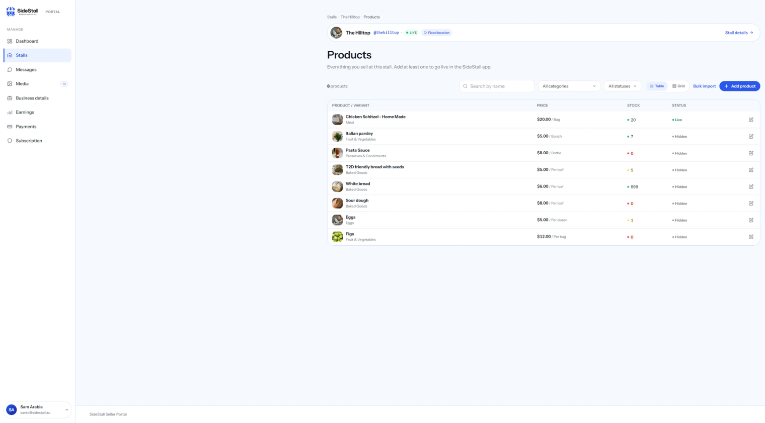 The SideStall seller portal product manager, showing a produce list with prices, stock dots and live status
