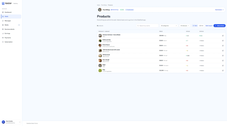 The SideStall seller portal product manager, showing a produce list with prices, stock dots and live status