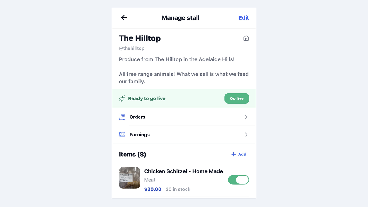 The finished Manage stall screen for a stall called The Hilltop, ready to go live.