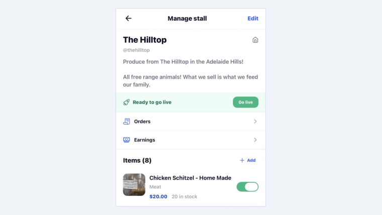 The finished Manage stall screen for a stall called The Hilltop, ready to go live.