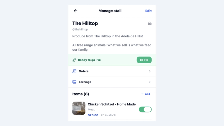 The finished Manage stall screen for a stall called The Hilltop, ready to go live.