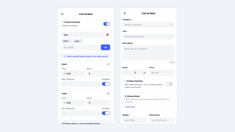Two phone screens from the SideStall List an item form: the Product Variants control with a Size option split into Small and Large variants, each with its own price and stock, beside the Volume Deals control with an Add a deal button.