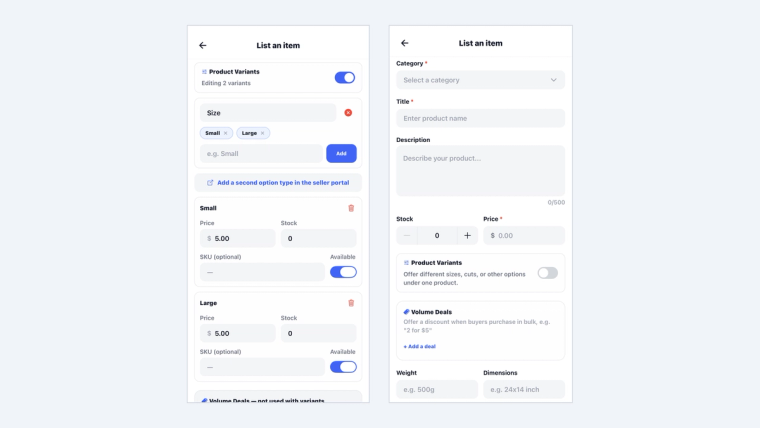 Two phone screens from the SideStall List an item form: the Product Variants control with a Size option split into Small and Large variants, each with its own price and stock, beside the Volume Deals control with an Add a deal button.