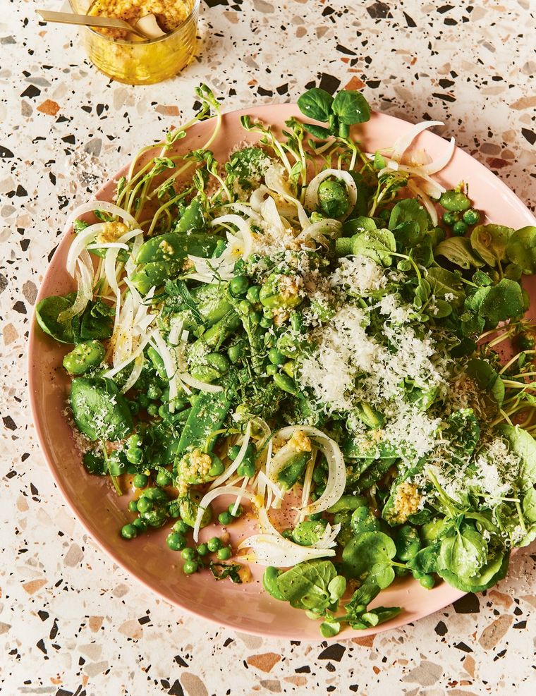 Alice Zaslavsky's easy peasy spring salad with parmesan vinaigrette