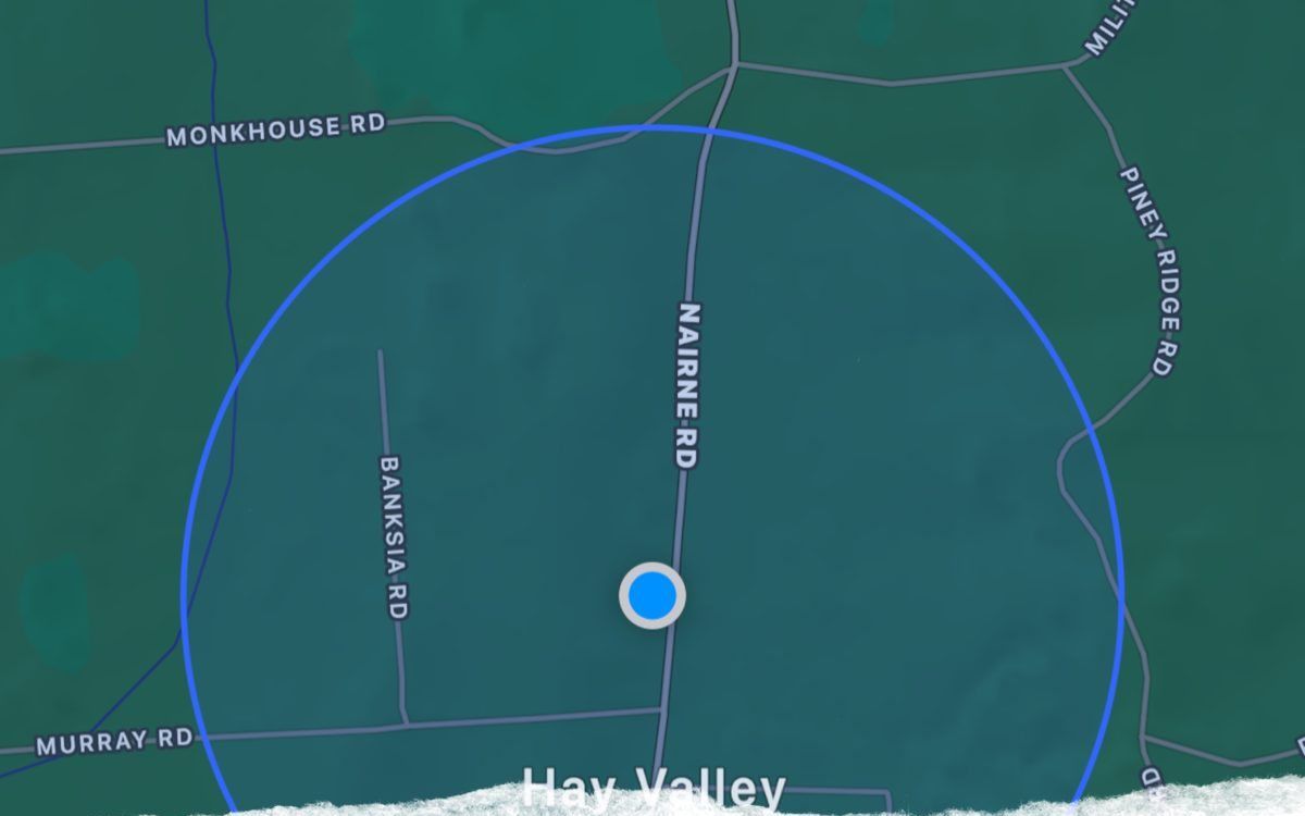 Branded app map tile, blue search radius over Hay Valley