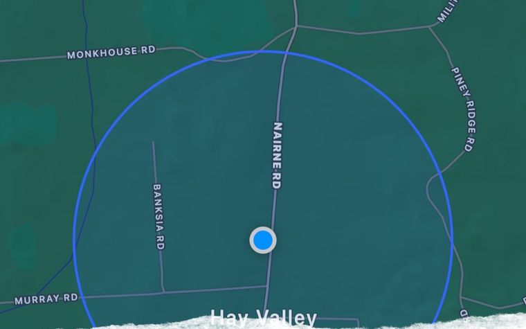 Branded app map tile, blue search radius over Hay Valley