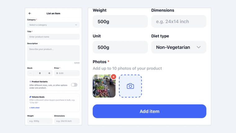 Two views of the SideStall List an item form, showing fields for category, title, description, stock, price, weight, unit and diet type, with one product photo added.