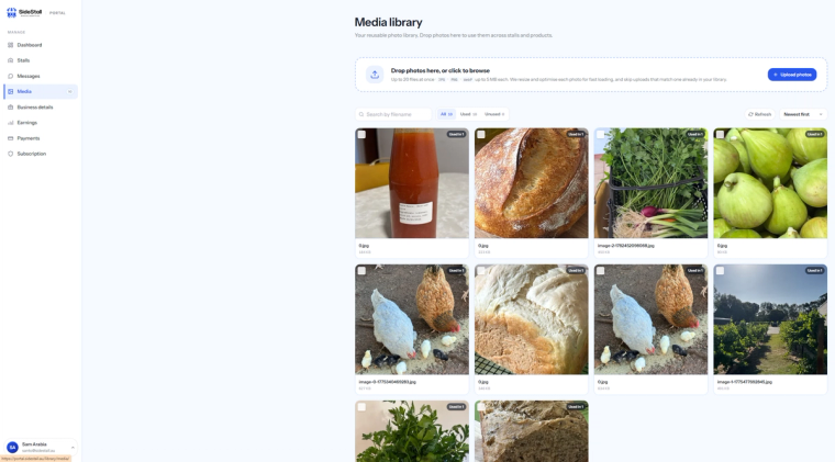 The media library: drag-drop upload, automatic optimising, Used in N badges