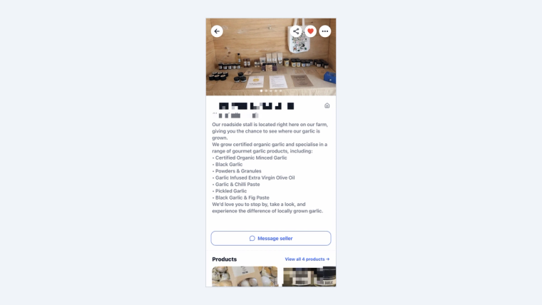 A finished SideStall stall page shown on a phone: a photo gallery of a produce stall at the top, the seller's story below it, a Message seller button, and a row of products.