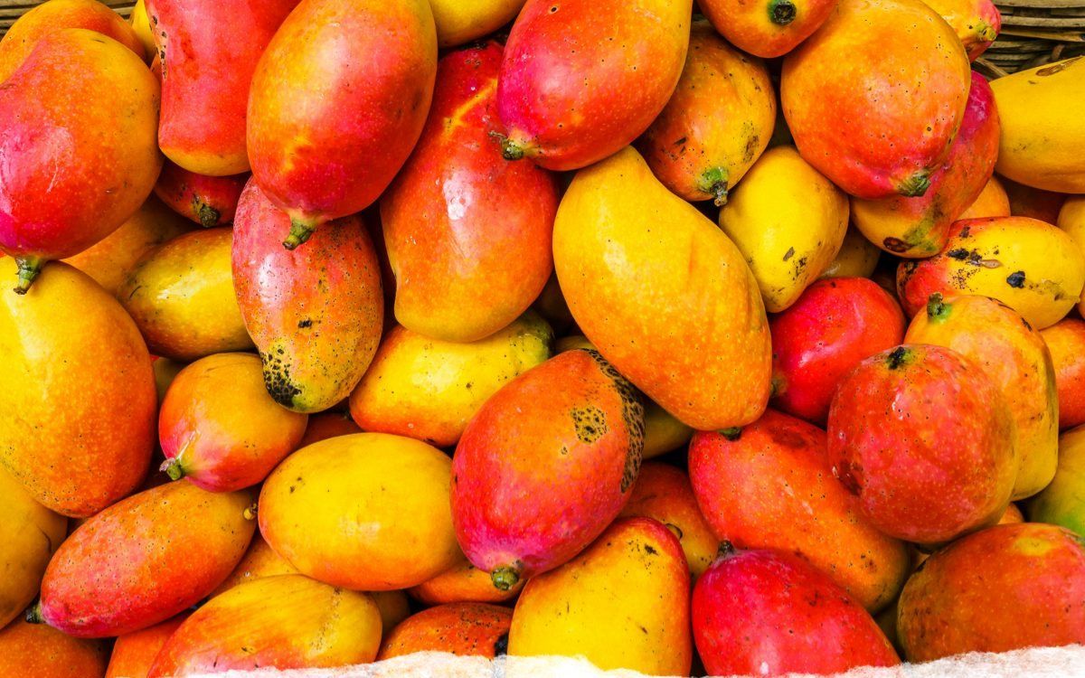 A crate of red and gold mangoes filling the frame