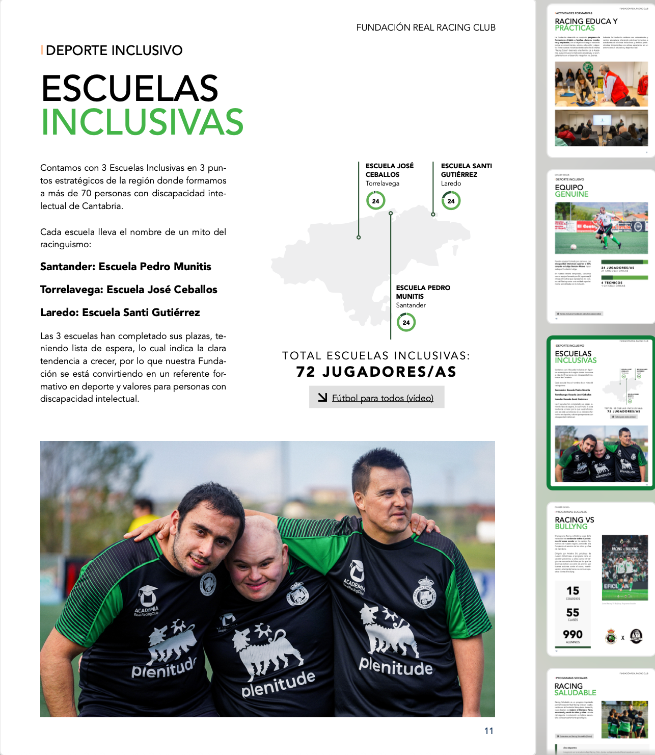 Página del dossier sobre las Escuelas Inclusivas, con información de sus sedes en Cantabria, número de jugadores y fotografía de participantes.