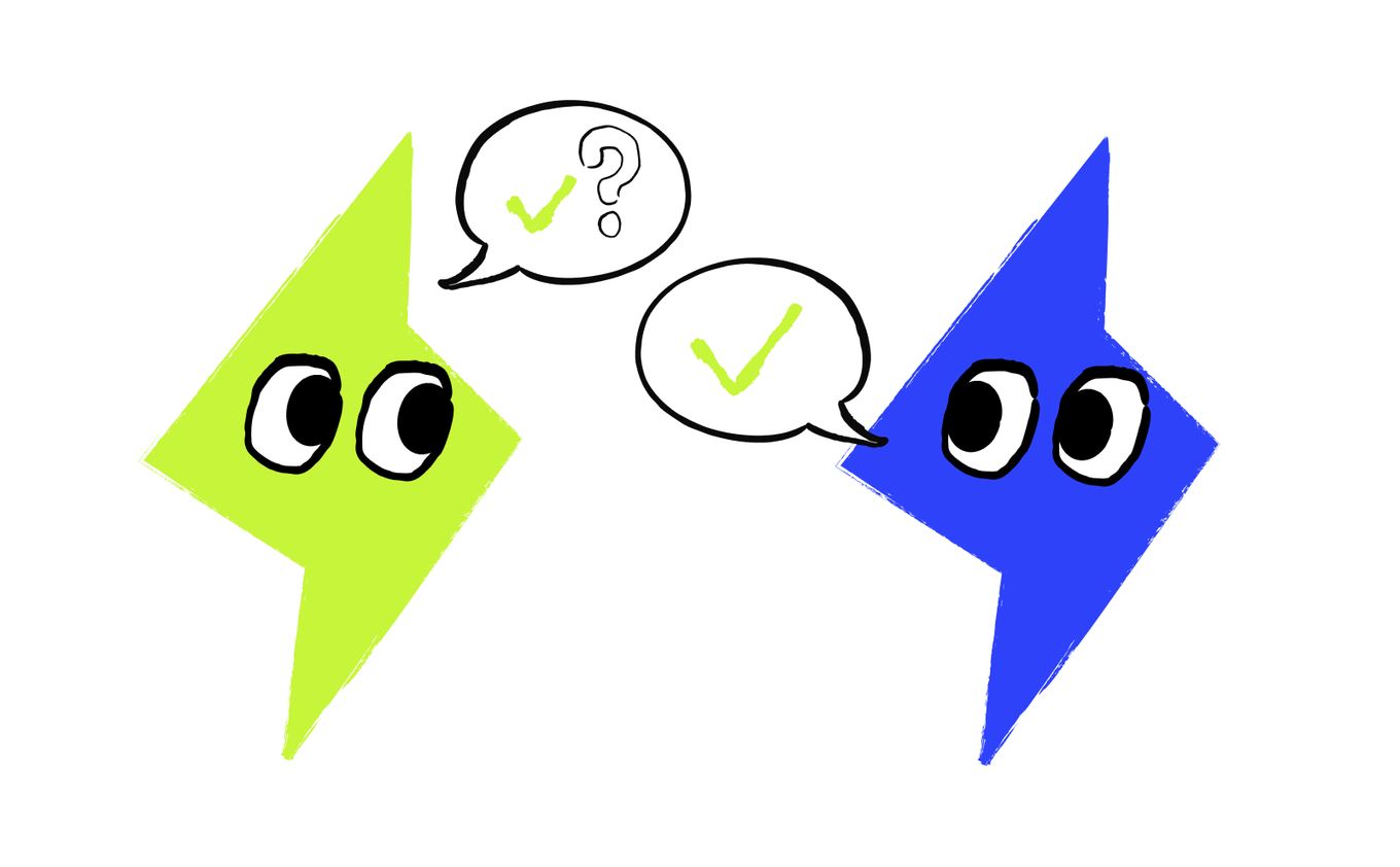 Two AI assistants exchange questions and checks across a workflow system.
