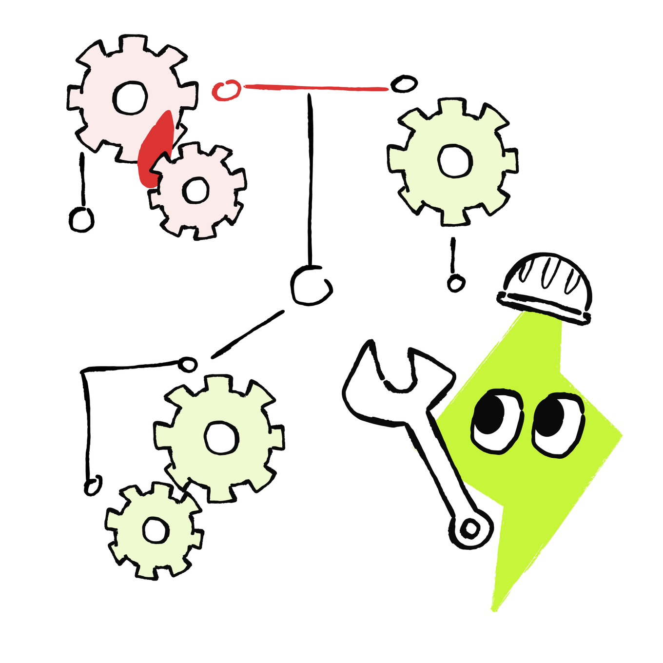 A gear network highlights one failing component for repair.