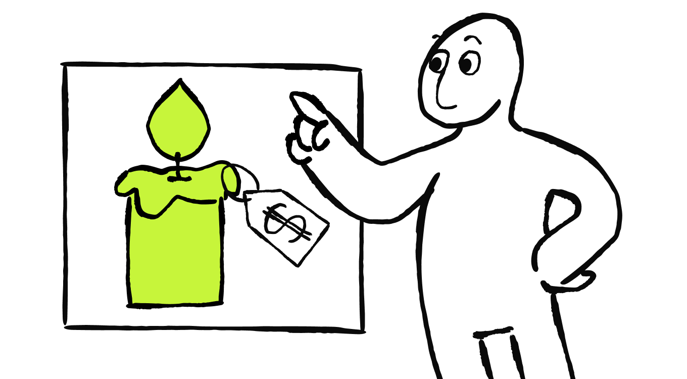Illustration of a person pointing at a candle product card with a price tag
