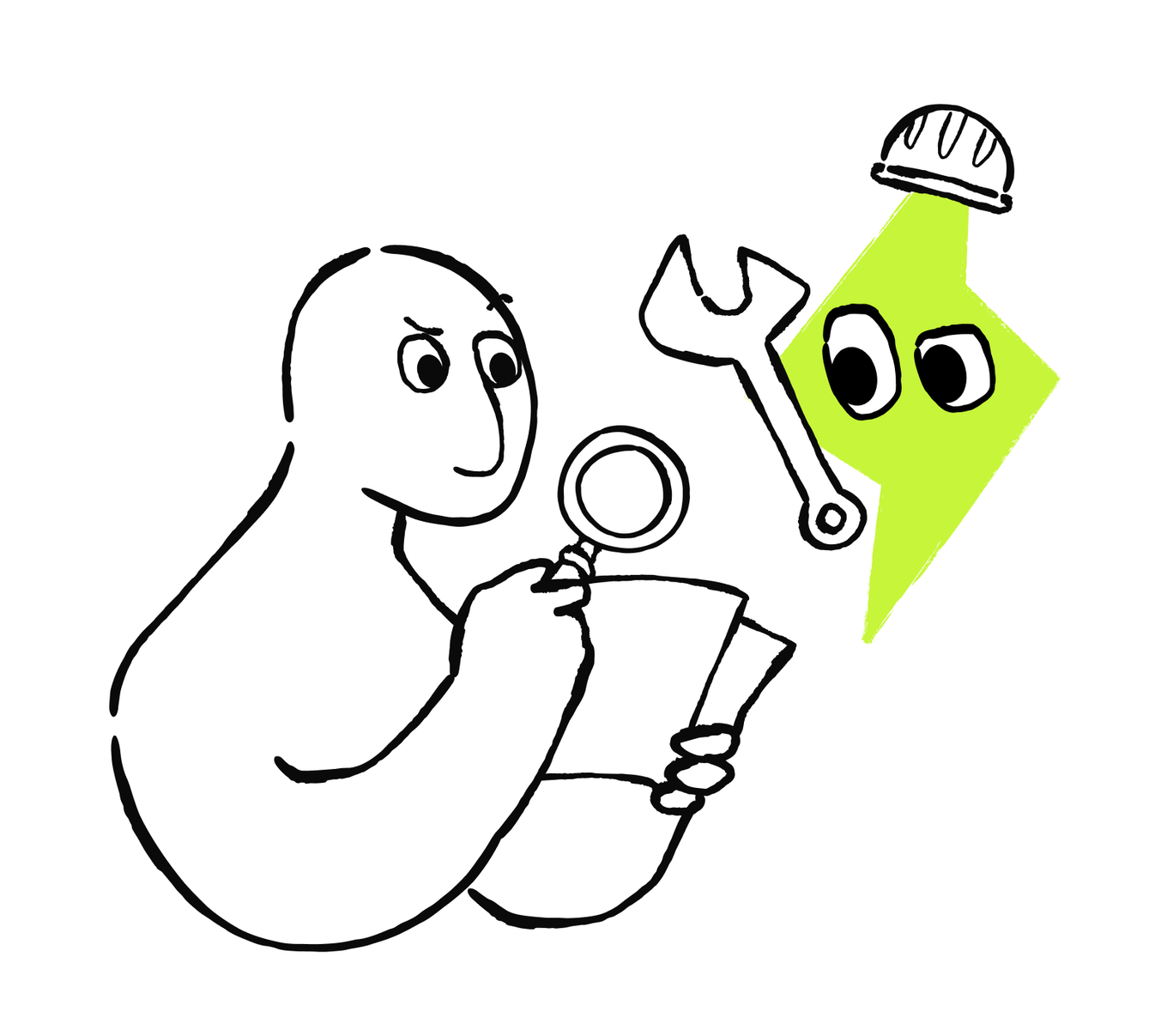 A person investigates a workflow problem while an AI assistant holds a tool.