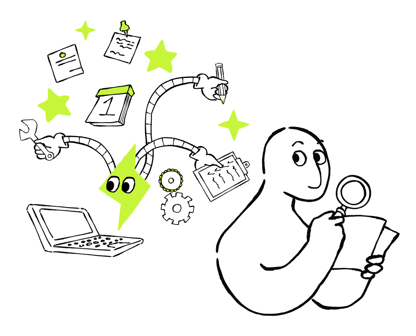 A person reviews business work with notes, a laptop, and AI tools.