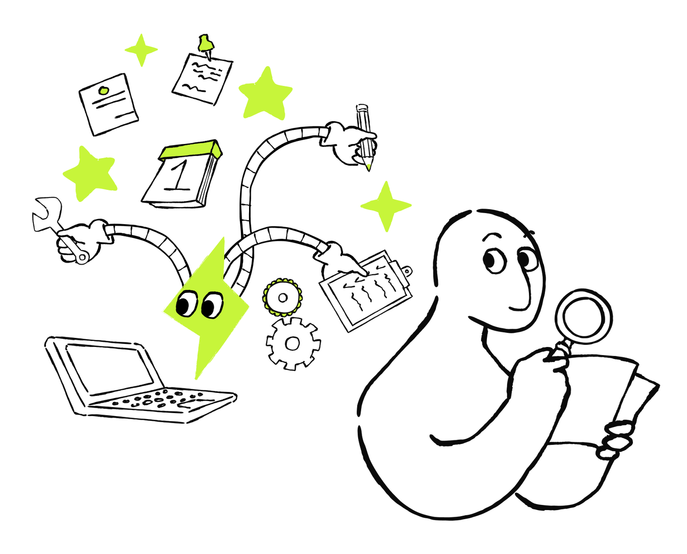A person reviews business work with notes, a laptop, and AI tools.