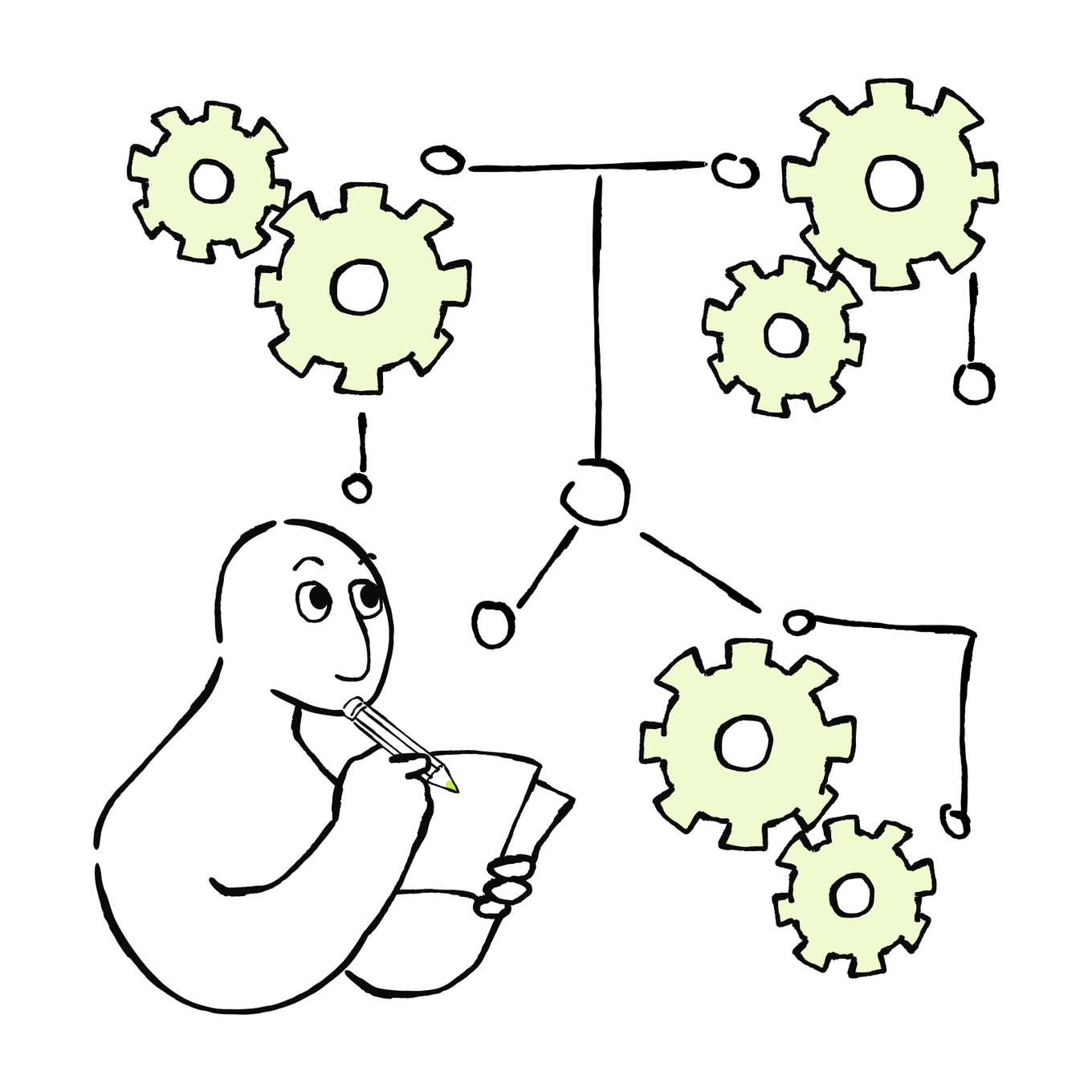 A person reviews a connected system of workflow gears.