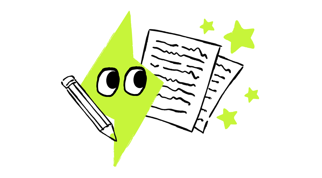 Illustration of the Empacer lightning mascot holding a pencil next to written pages and stars