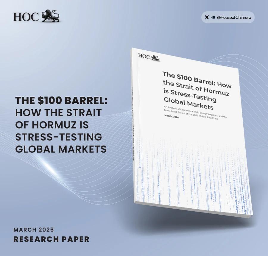 House of Chimera research paper cover titled "The $100 Barrel: How the Strait of Hormuz is Stress-Testing Global Markets," dated March 2026, analyzing geopolitical risk and energy logistics.