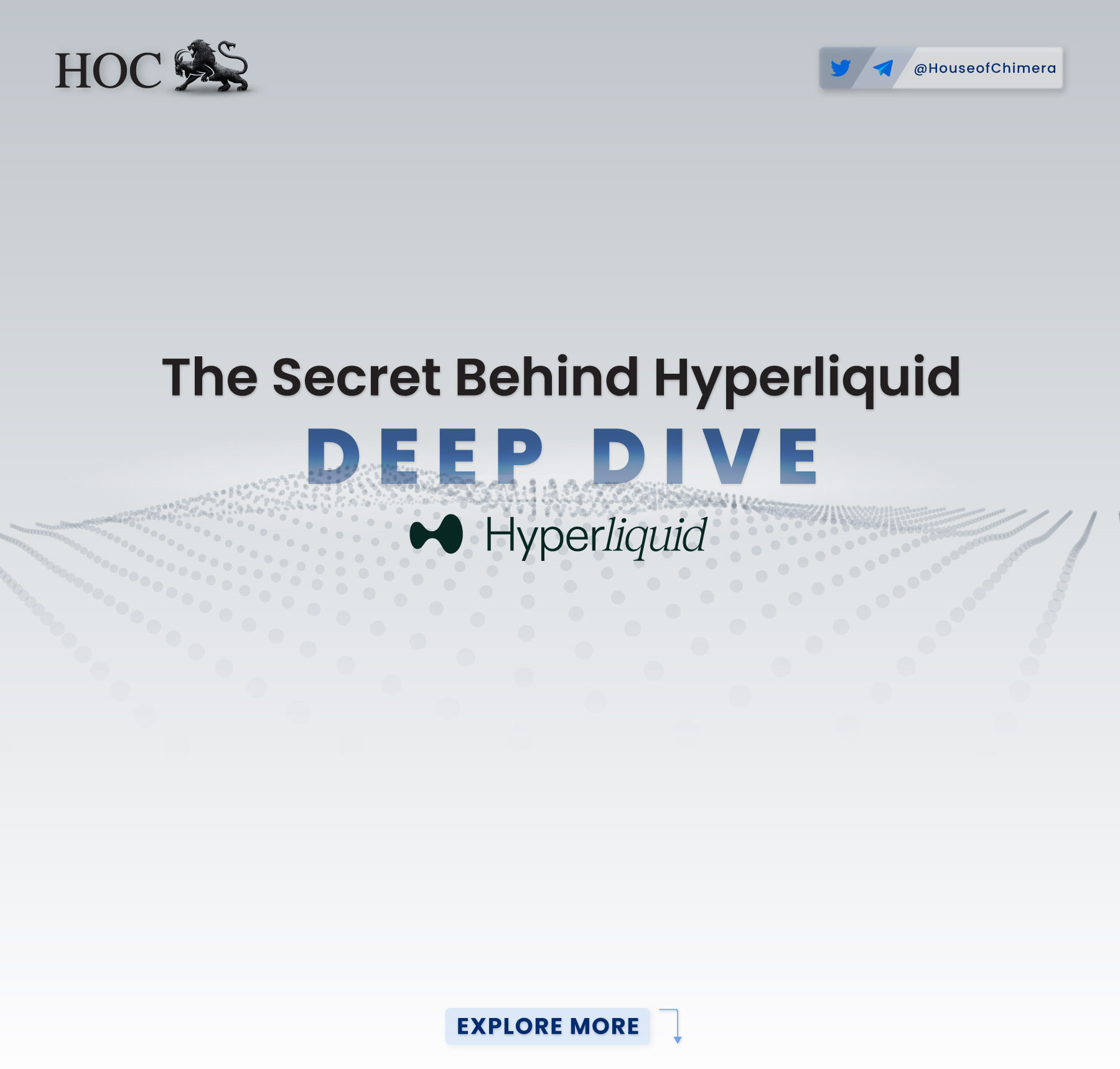 Cover graphic featuring the headline “The Secret Behind Hyperliquid DEEP DIVE” above a dotted 3D wave field, with the Hyperliquid logo and subtle House of Chimera branding.