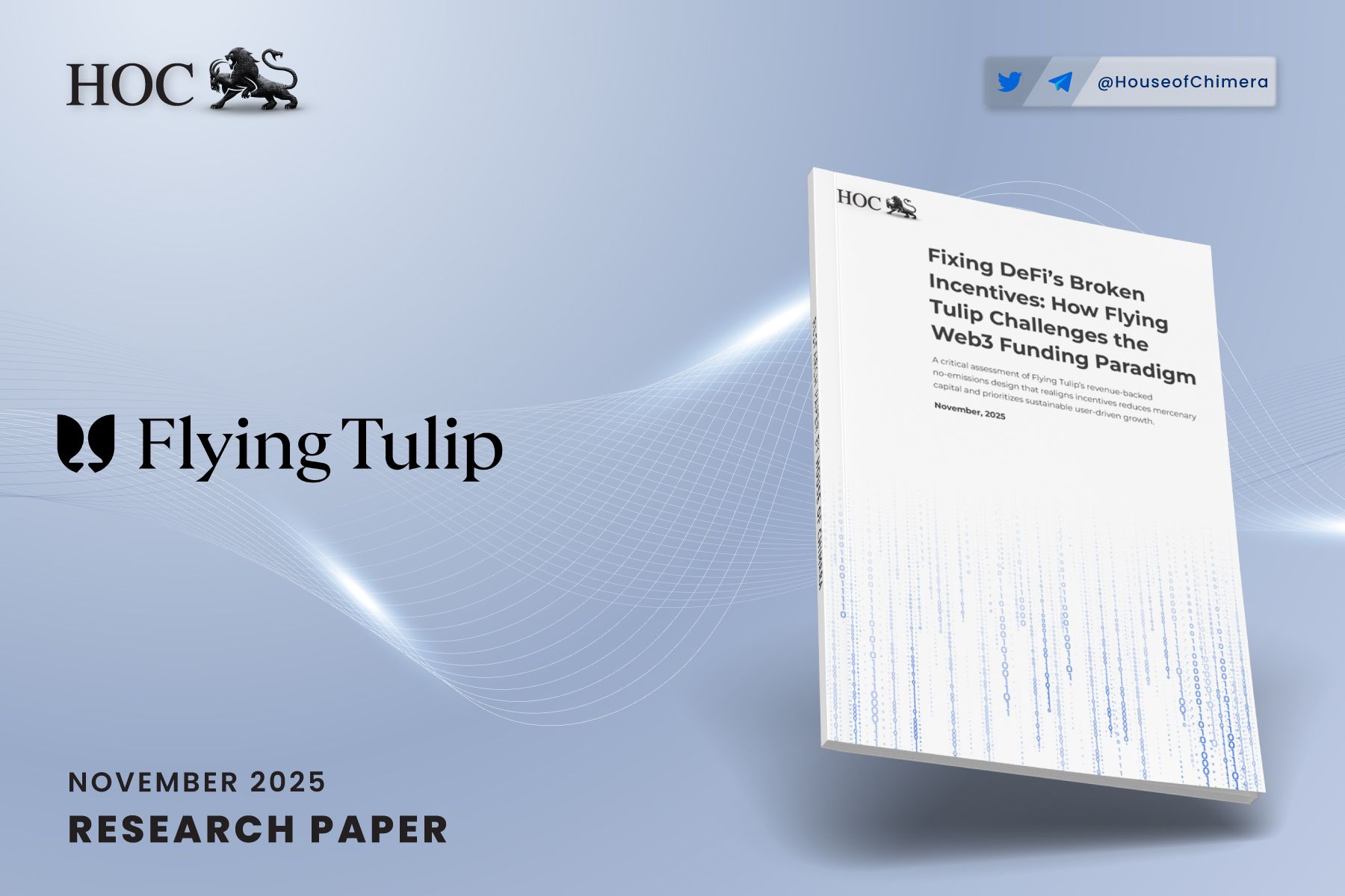 Promotional cover image for a House of Chimera research paper titled ‘Fixing DeFi’s Broken Incentives: How Flying Tulip Challenges the Web3 Funding Paradigm’. The design features the Flying Tulip logo and the HOC lion emblem on a light blue background with abstract wave patterns. A 3D-rendered book mockup displays the report’s title and November 2025 publication date. Social media icons for Twitter and Telegram appear in the upper-right corner.