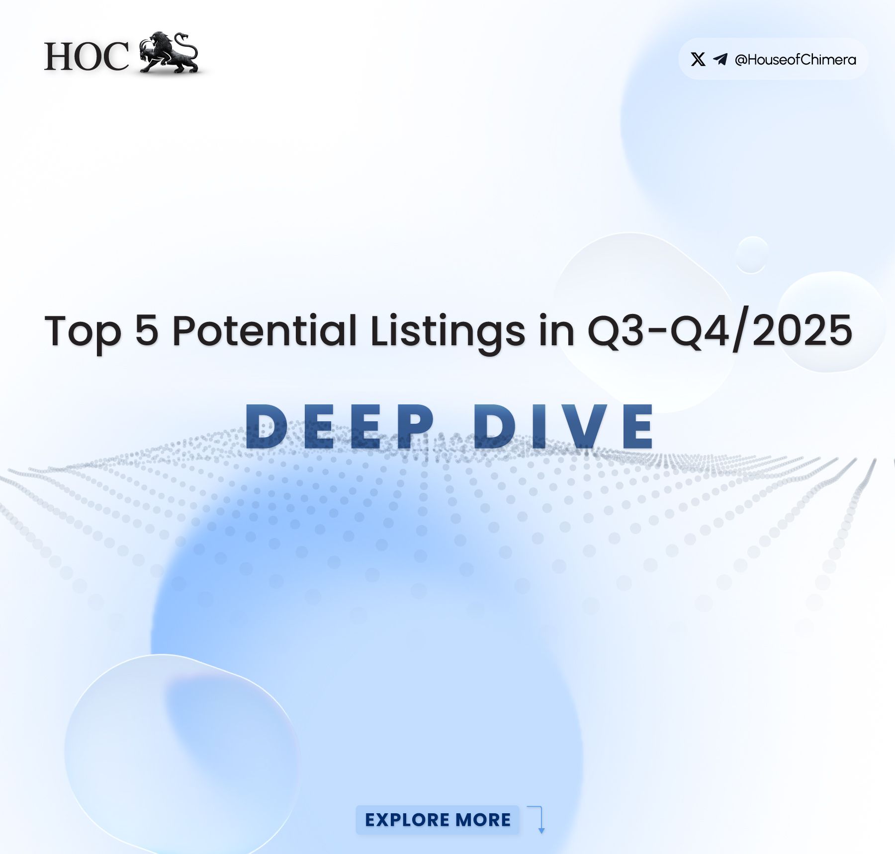 **Alt text:** Cover graphic with the title "Top 5 Potential Listings in Q3–Q4 2025" and subtitle "Deep Dive," featuring a modern blue-and-white gradient background with abstract dotted wave patterns and the House of Chimera logo.