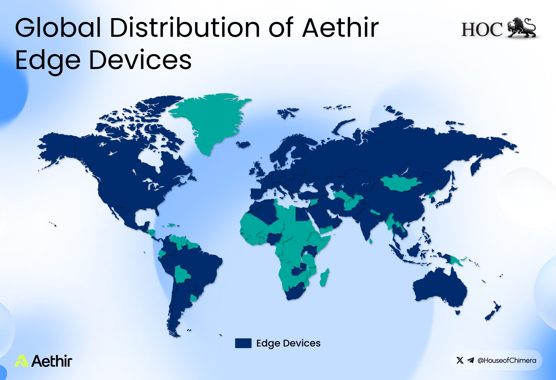 World map illustrating the global distribution of Aethir Edge devices across 93 countries, highlighting decentralized GPU infrastructure coverage.
