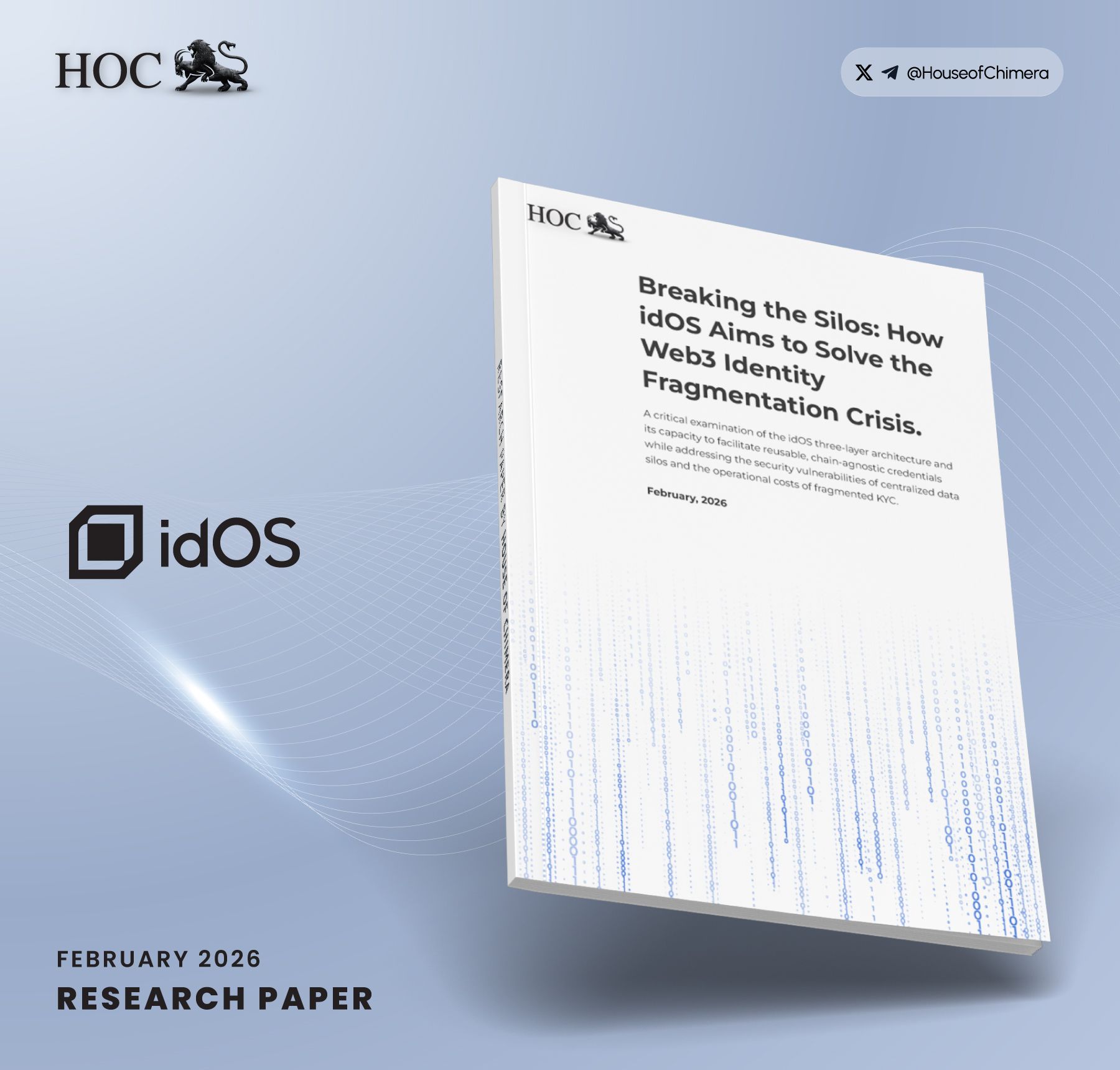 A 3D render of the "House of Chimera" research paper titled "Breaking the Silos: How idOS Aims to Solve the Web3 Identity Fragmentation Crisis," dated February 2026, featuring the idOS logo and a digital binary code aesthetic.