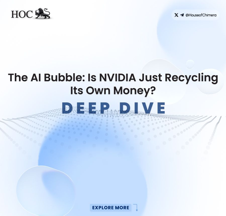 Blog cover image featuring the headline "The AI Bubble: Is NVIDIA Just Recycling Its Own Money?" followed by "DEEP DIVE" in large bold letters. The design uses a professional, clean aesthetic with a blue, abstract digital wave background and the House of Chimera (HOC) logo in the top left corner.