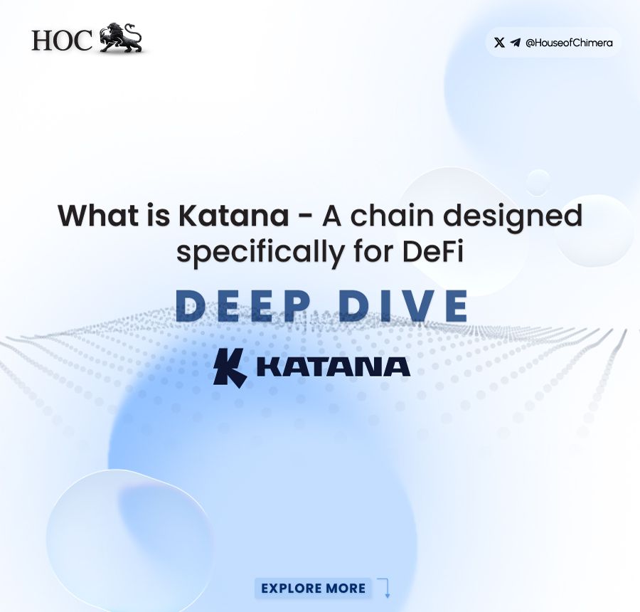 A square format social media graphic titled "What is Katana – A chain designed specifically for DeFi" with "DEEP DIVE" and the Katana logo, including the House of Chimera logo in the corner.