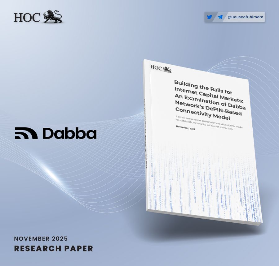 Cover image of a research paper titled ‘Building the Rails for Internet Capital Markets: An Examination of Dabba Network’s DePIN-Based Connectivity Model,’ featuring the Dabba logo, HOC branding, and November 2025 publication date on a blue abstract background.