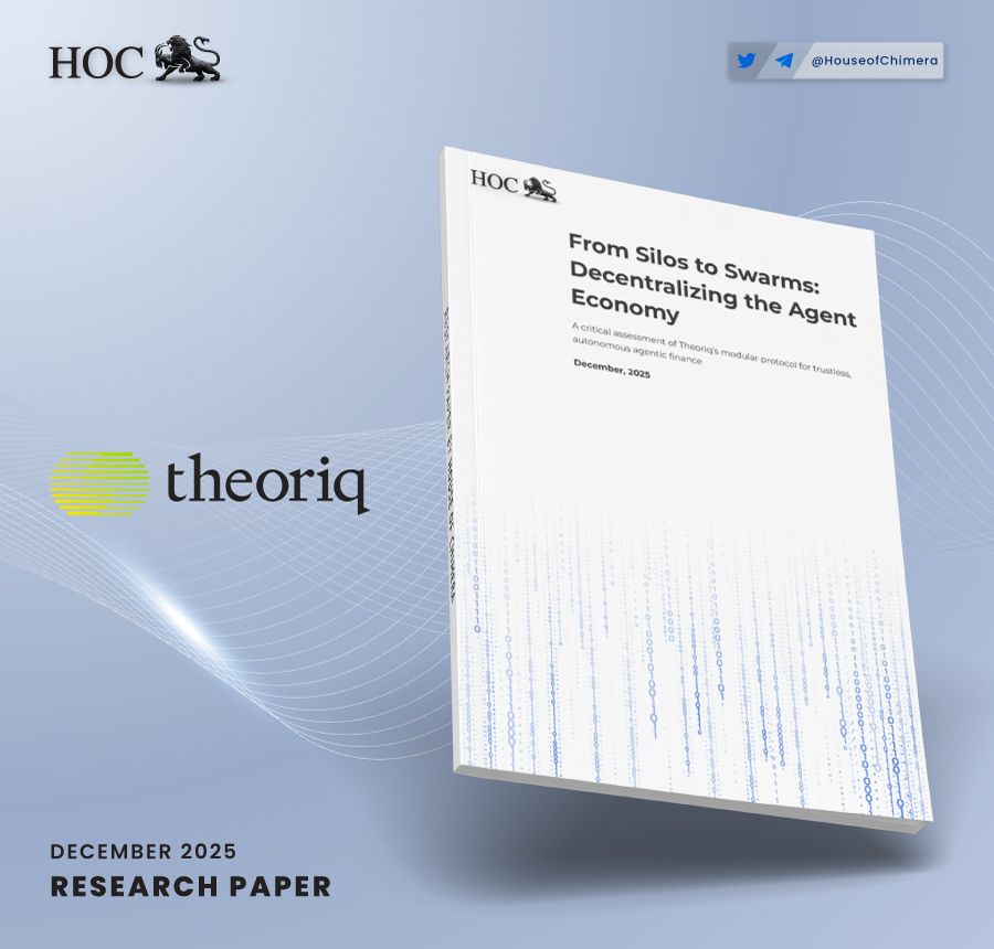 The digital cover of a research paper titled "From Silos to Swarms: Decentralizing the Agent Economy." The cover features the logos for HOC (House of Chimera) and Theoriq, along with the date "December 2025" and a subtitle describing it as a critical assessment of Theoriq's modular protocol.