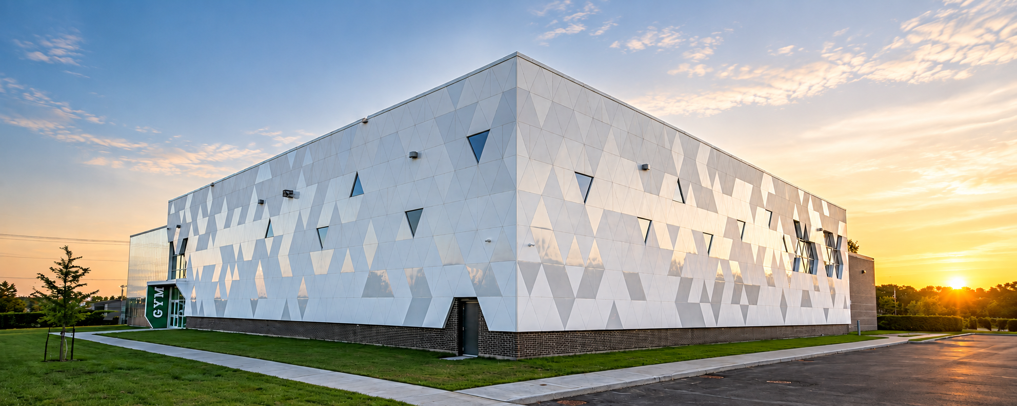 Modern gym building with a white and gray triangular patterned facade at sunset.