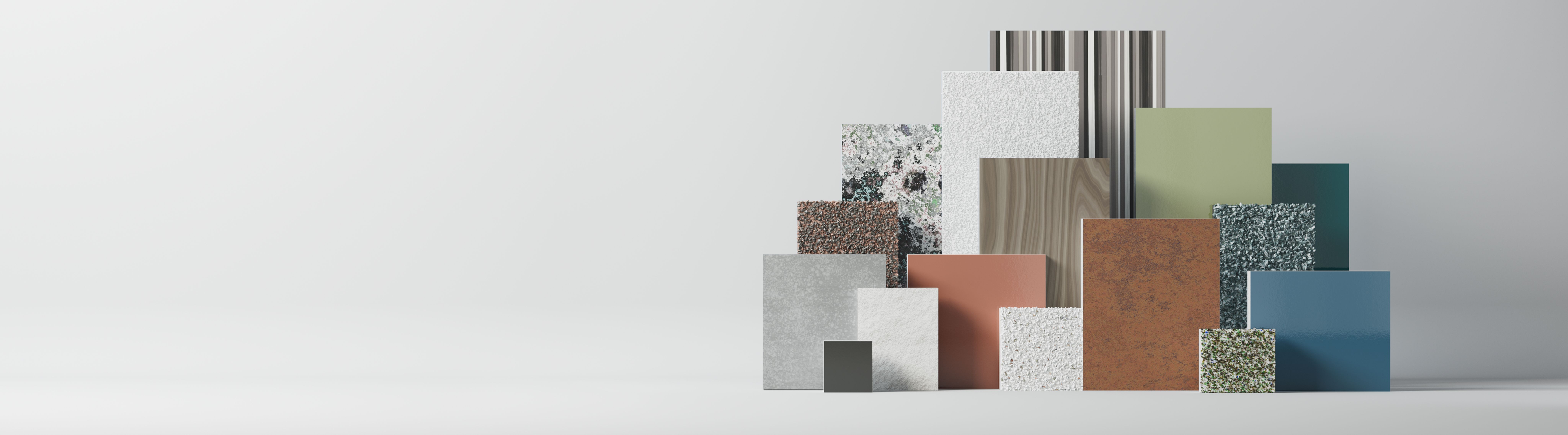 Clustered samples of diverse materials: wood, stone, concrete, and various colored textures on a white background.